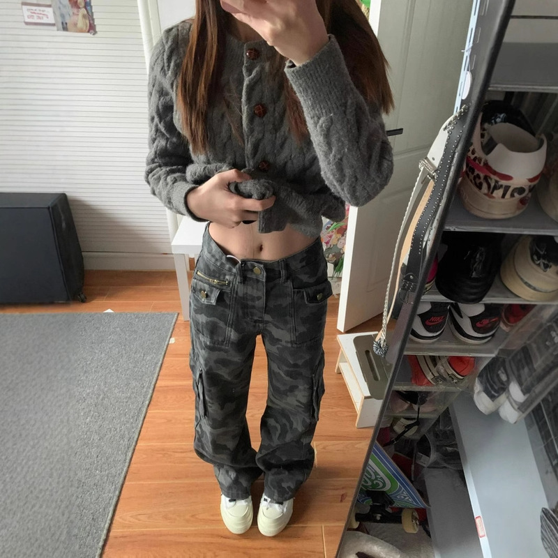 【韩牛】辣妹高街高腰宽松超显瘦拖地迷彩设计感口袋工装牛仔裤女|undefined