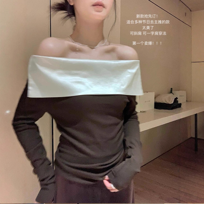 Elegant and Pure Desire High-End One-Shoulder Women's Color-Blocked Long-Sleeve T-Shirt 2025 Autumn New Slim Fit Top