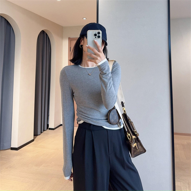 时髦假两件山羊绒柔软舒适修身显瘦打底针织长袖T恤女25秋5593#|undefined