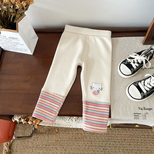 [Processing and Customization] Children's Leggings 2024 Autum New Korean Style Girls' Boneless Color Striped Fleece-Lined Leggings