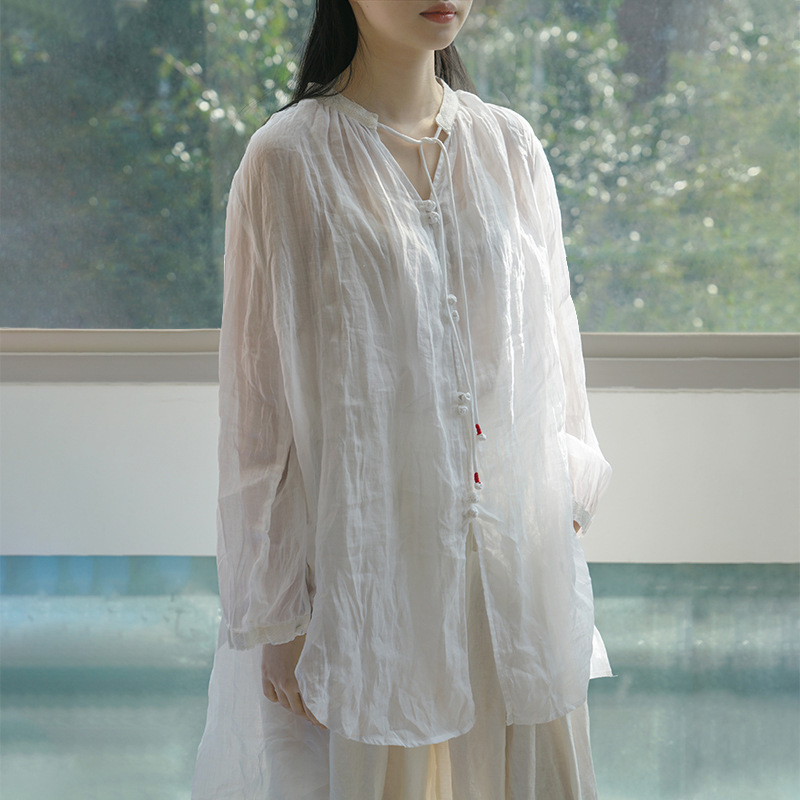Chinese Style Clear Ramie Loose All-match Mid-length Cardigan Fairy Zen Chinese Shade Shirt S22113