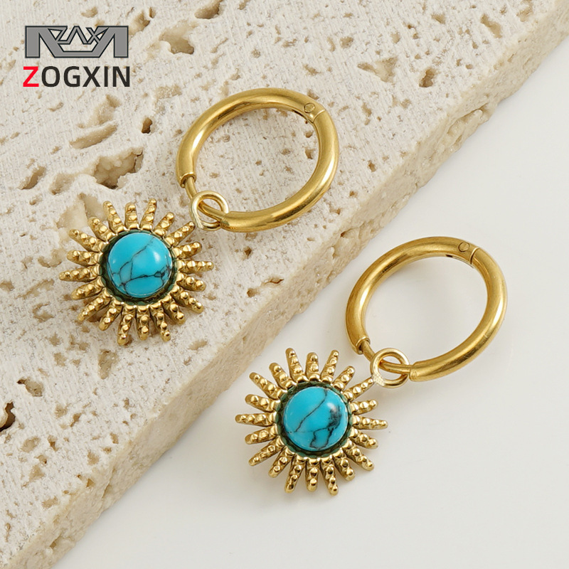 Nuevos aretes de acero inoxidable transfronterizo de Europa y América, aretes de titanio de turquesa azul, diseño simple de aretes retro de nicho