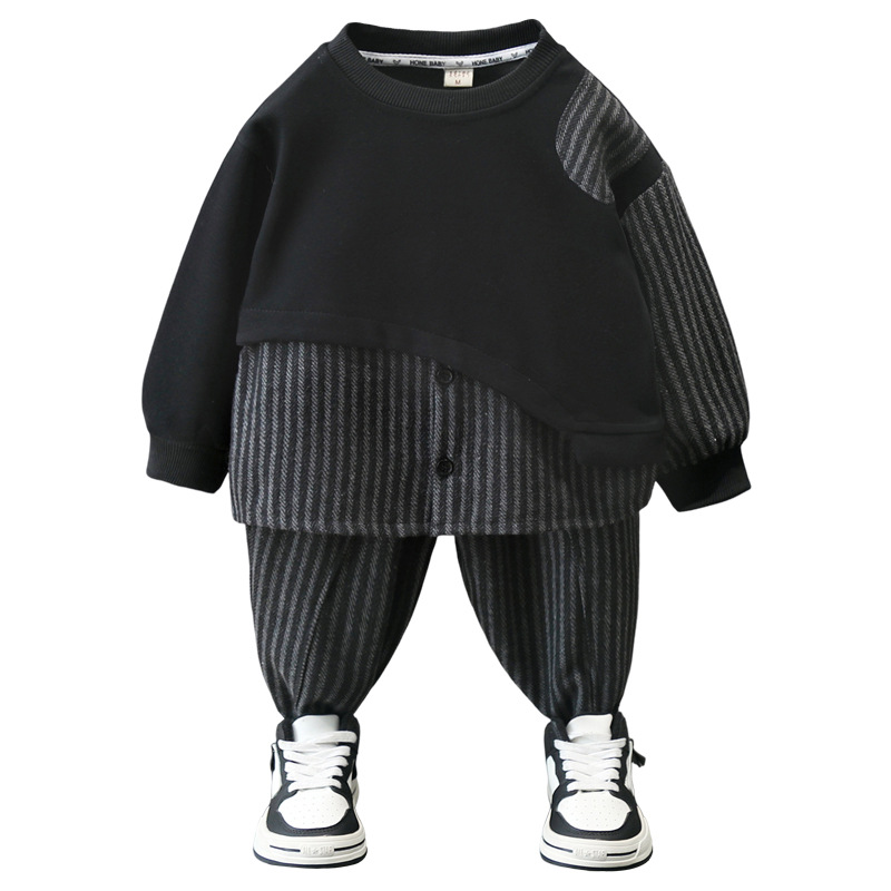 5855 Traje de otoño para niños 2025 Nuevo estilo Estilo occidental Ropa a rayas con costuras para bebés Traje de dos piezas de primavera y otoño para niños