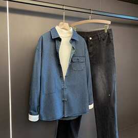 中国风水洗牛仔衬衫男士长袖新中式盘扣衬衣宽松夏季潮牌休闲外套
