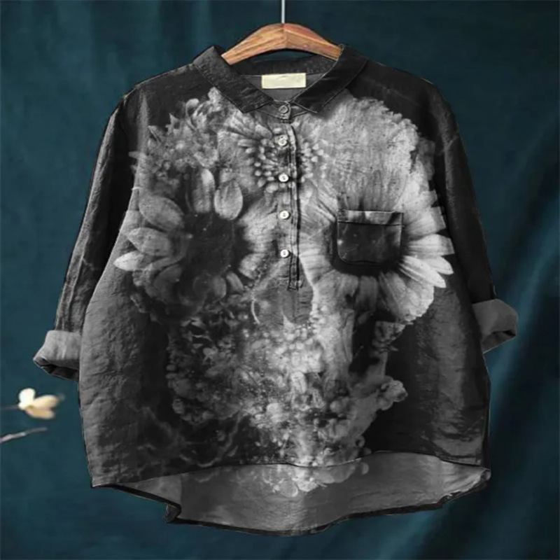 Halloween Skull Head Digital Print Women's Casual Cotton and Linen Long Sleeve Casual Loose Shirt Halloween Skull Head Digital Print Women's Casual Cotton and Linen Long Sleeve Casual Loose Shirt