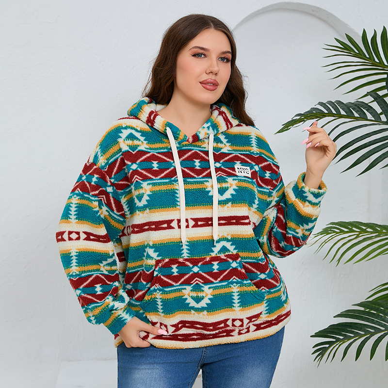 Women's Clothing striped hooded large size sweatshirt thickened loose casual long sleeved plush large pocket top_voghion.com