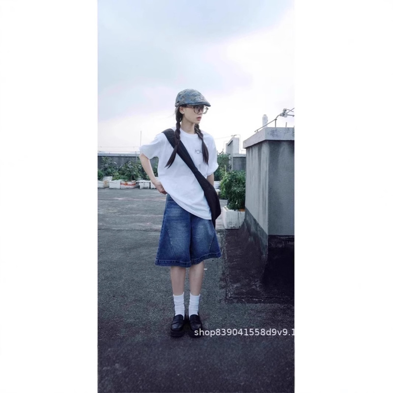 American Retro Denim Shorts Women's Summer Over-the-Knee Mid-length Pants Casual Loose plus size Off-top Pants