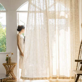 2025年亚麻纱简约现代日式客厅卧室隔热防晒条纹纱透光不透人批发