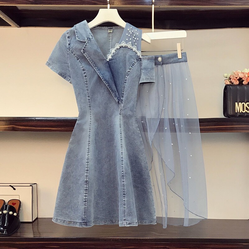 Fashionable denim two-piece set for women, off-shoulder dress with a stylish mesh design, summer waist-cinching slimming goddess-style skirt, trendy Fashionable denim two-piece set for women, off-shoulder dress with a stylish mesh design, summer waist-cinching slimming goddess-style skirt, trendy