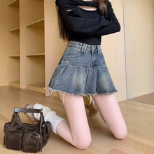 辣妹复古百褶牛仔半身裙女2025新款夏季高腰a字防走光包臀短裙子