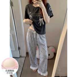 睡衣女夏季短袖长裤纯棉高颜值简约带胸垫可爱夏天家居服套装