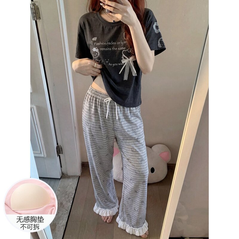 Pajamas for Women, Summer Short-Sleeved Trousers, Pure Cotton, High-Looking, Simple, Cute, Summer Home Wear Set with Chest Pads