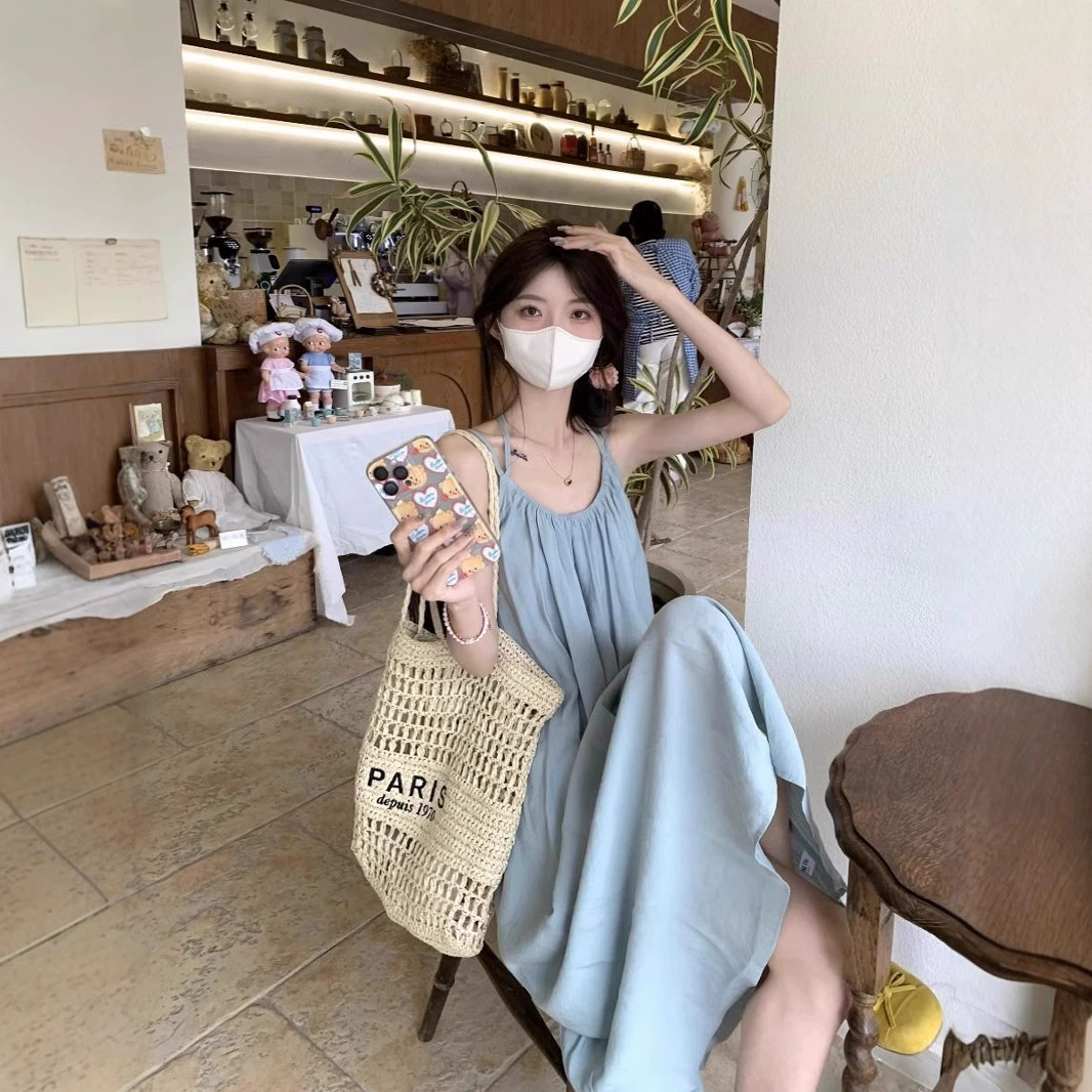 Приморский ветер синий подтяжка платье женская весна 2025 новый свободный без спинки шнуровка длинное платье ins