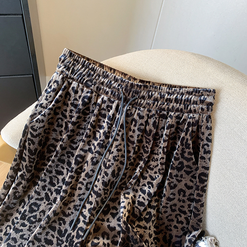 Women's Clothing 2024 autumn new leopard print gold velvet wide leg pants for women high waist drape casual high end straight velvet pants_voghion.com