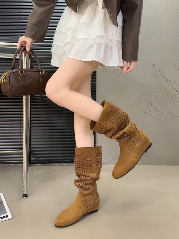 镂空平底长靴女2025新款高筒靴西部牛仔靴英伦靴|undefined