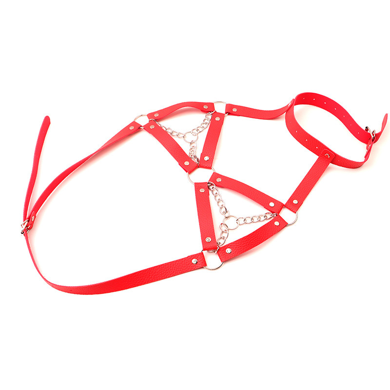 Chain Bra Lingerie with Leather Hand and Leg Restraint Cuffs, Pink One Size — detail image 2