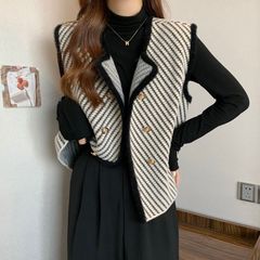 大码胖MM秋季小香风马甲背心女叠穿开衫外套+半高领打底衫两件套