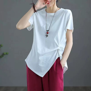 2025 Spring and Summer Loose Irregular Short-sleeved T-shirt Round Neck Base Shirt Thin plus size Women's chubby girl Solid Color Top