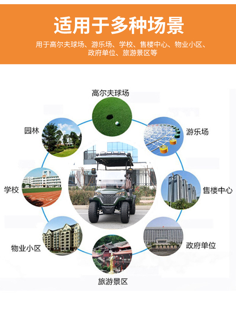 Electric golf carts, hotel resorts, golf courses, sightseeing vehicles, and golf tour vehicles