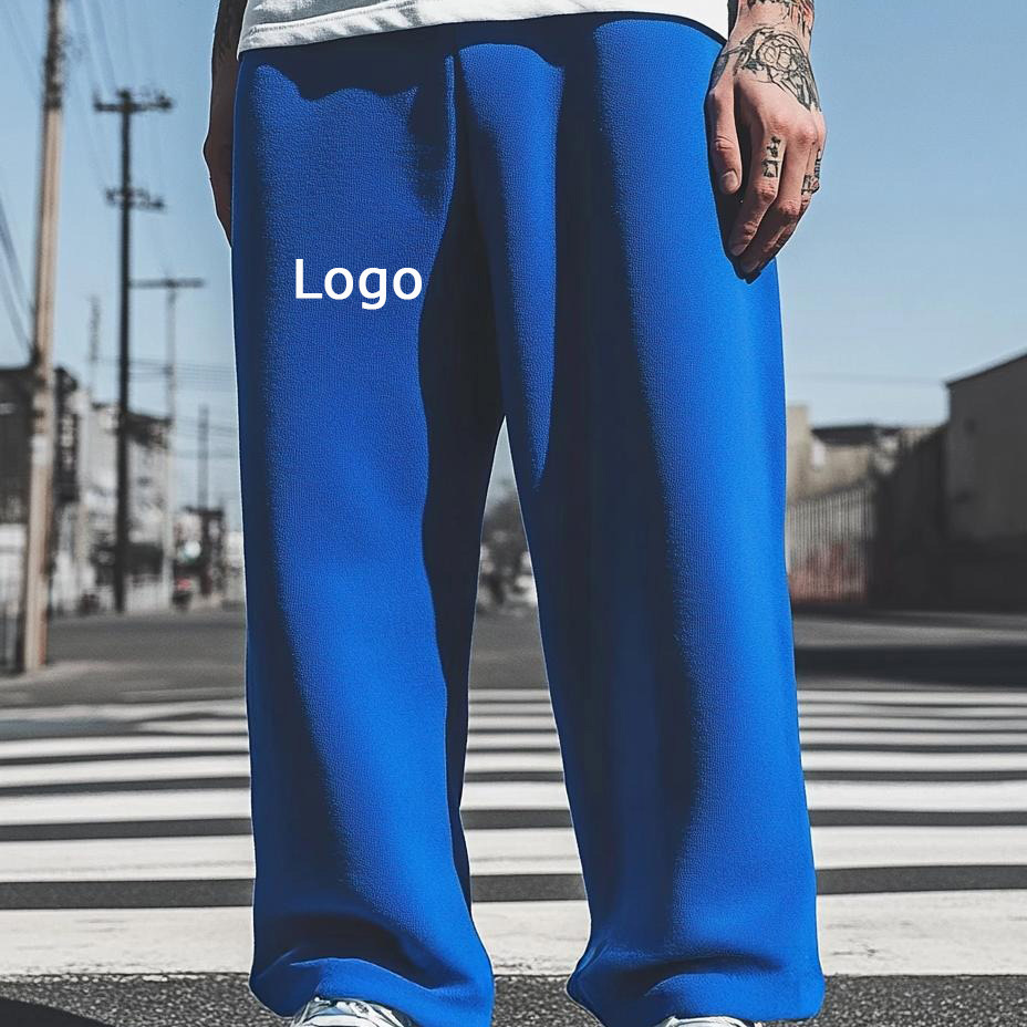 Wholesale Customizable Logo Sweatpants, Solid Color Men's Ultra-Loose Sports Pants, Light Blue Mechanic-Style Washed Sweatpants