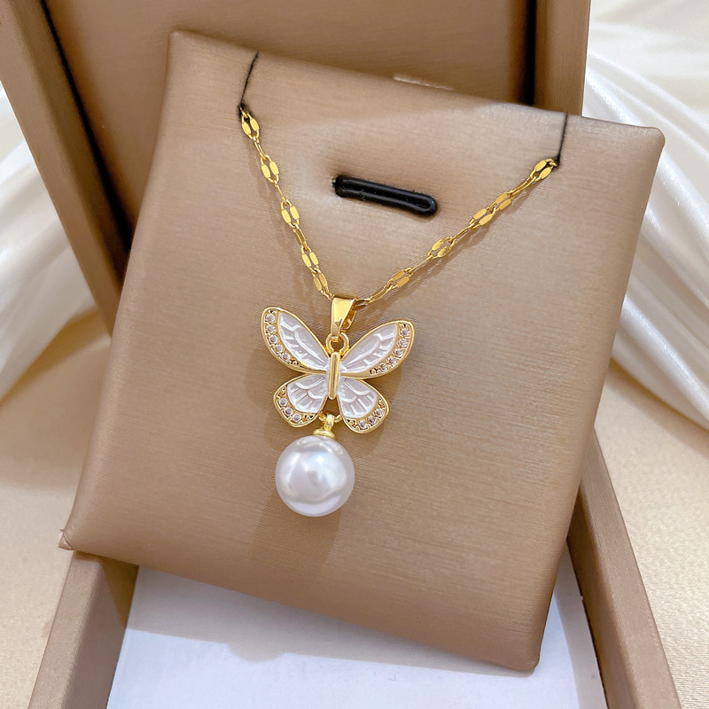 Gorgeous Butterfly Pearl Necklace Set Titanium Steel Clavicle Chain_voghion.com