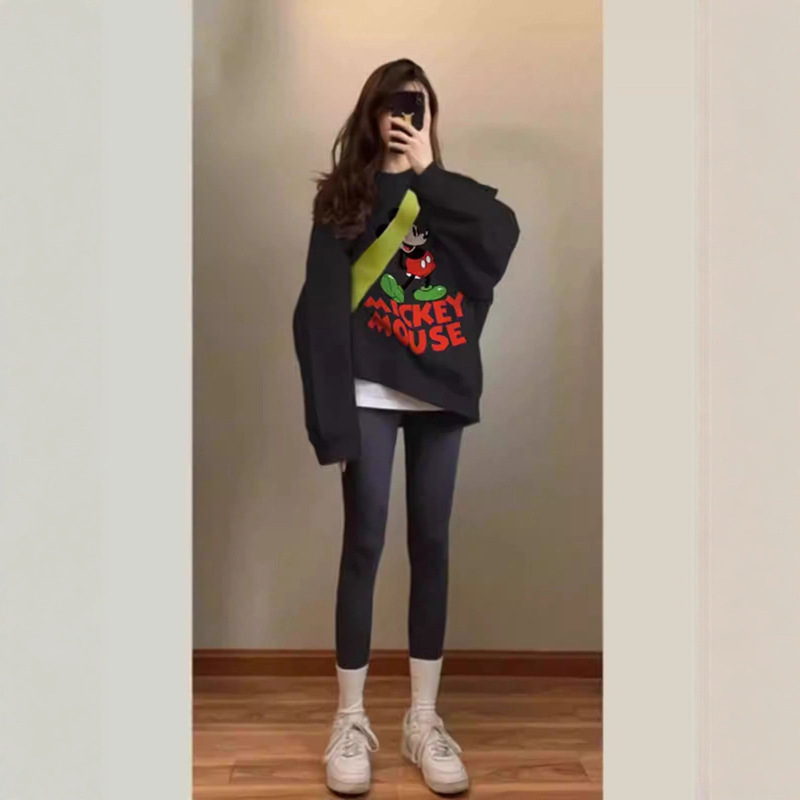 Autumn and Winter Velvet Thickeneded Korean Style Loose Sweatshirt for Women Cute Mickey Mouse Cartoon Print Casual Petite Top