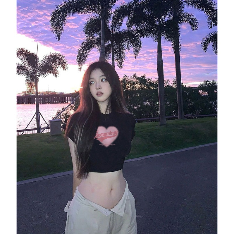 American-style Sweet and Hot Small Top Short Navel-exposed Women's Summer Small Shirt Black Tight Body-slimming Waist Shoulder Short-sleeved T-shirt