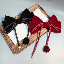 红色丝绒蝴蝶结大号弹簧夹女秋冬发夹珍珠花朵飘带后脑勺顶夹发饰