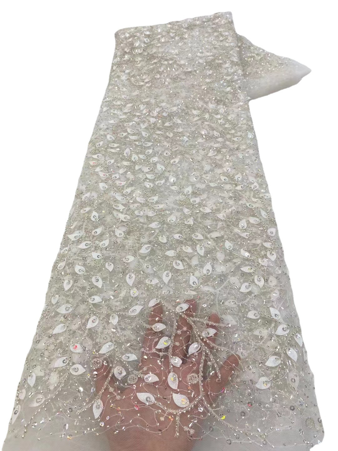 Encaje nuevo encaje de malla de lentejuelas bordado tela 3D hojas tridimensional flor tul moda vestido de novia tela JX3450