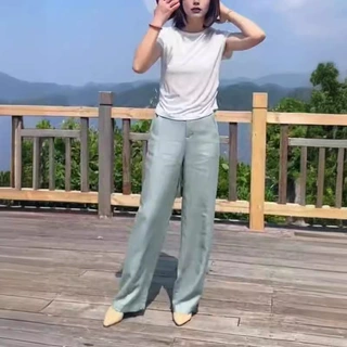 24235大爱美依缘2025夏季新款静版短袖T恤高腰阔腿直筒裤清新显瘦