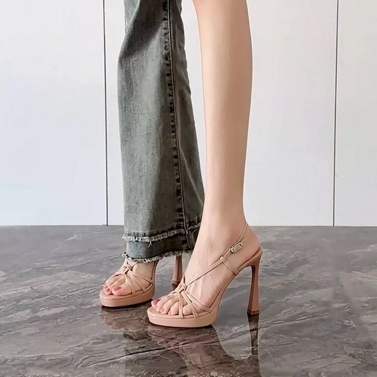 Nude Pink Woven Strap Square-Toe Platform Stiletto Sandals with a Date-Worthy Vibe and Soft Sole Fashion Shoes