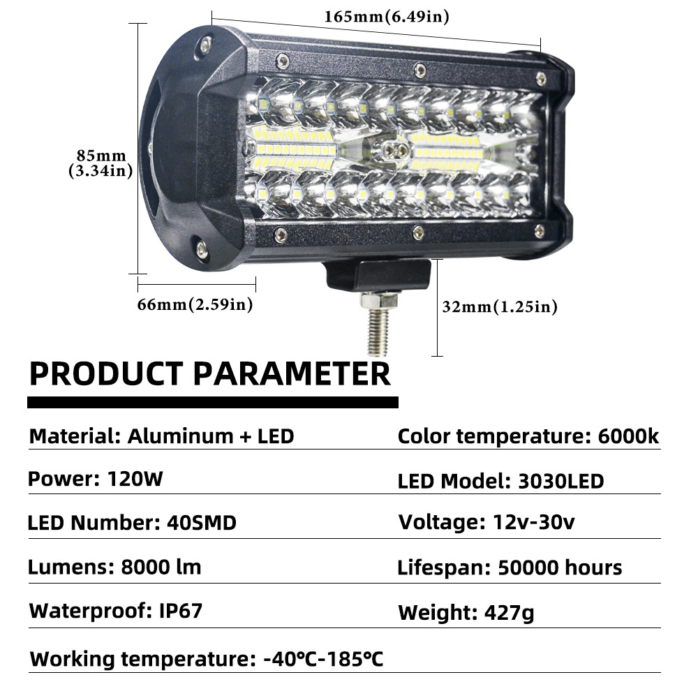 High-Brightness Three-Row 120W Work Light Spotlight Strip Light Car Off-Road Vehicle Motorcycle Front Bumper Modified Spotlight