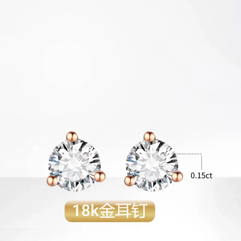 跨境欧版18k金镶培育钻石耳钉三爪耳饰经典简约k金单钻耳钉