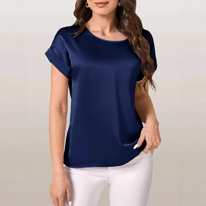 2025 Cross-Border Women's Clothing Summer New Simple Style Round Neck Solid Color Glossy Short-Sleeve Loose T-Shirt