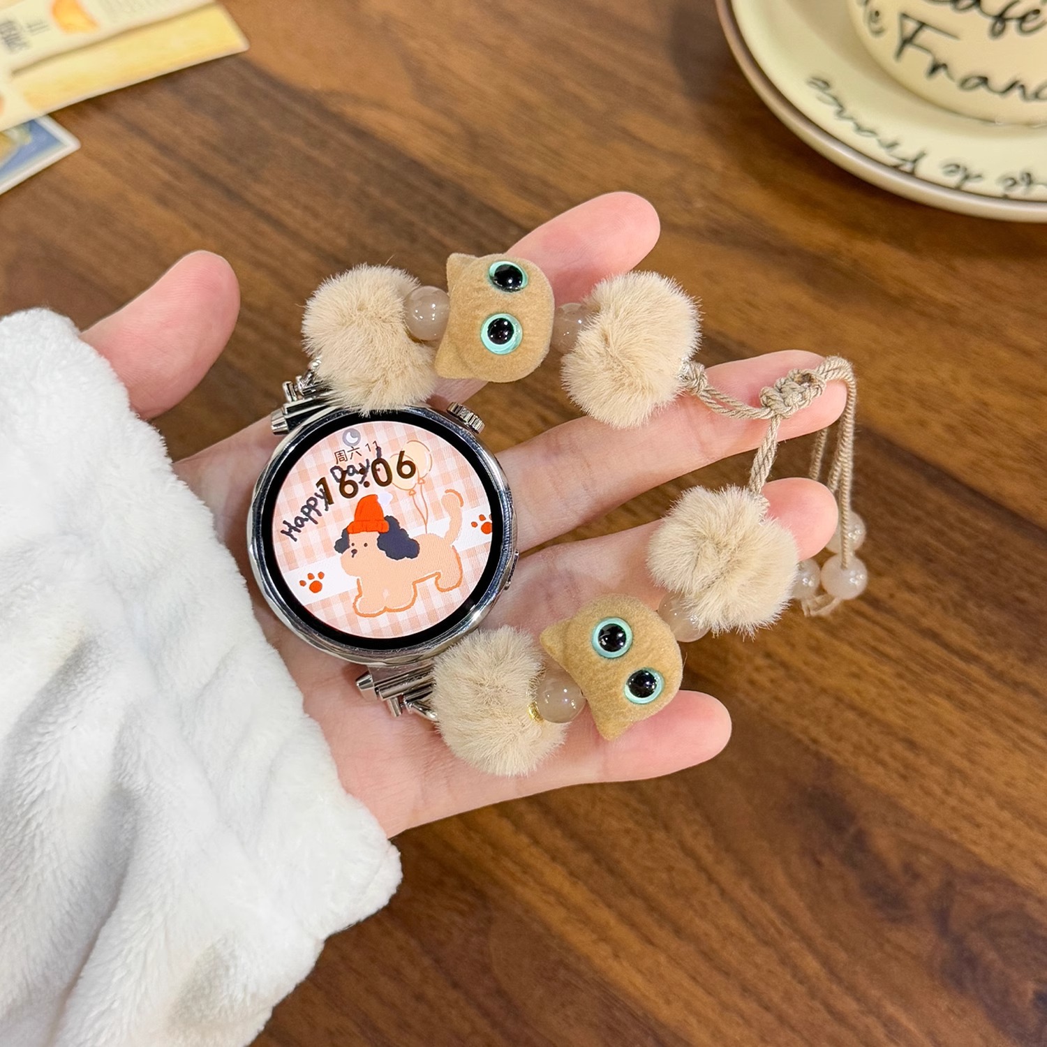 Suitable for Oppowatchx2Mini Women's Watch Strap New Plush Cat Beaded Rope Watch4Pro Wrist Strap Winter