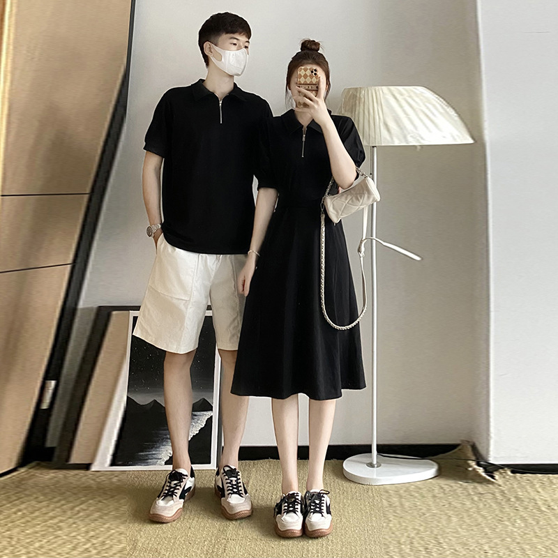 不一样的情侣装简约型纯色设计感中长款立领短袖拉链收腰连衣裙潮
