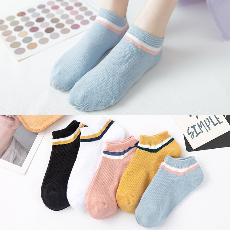 Autumn and Winter Women's Short Socks Vertical Stripe Cotton Boat Socks Low Top College Style ins Trendy Short Tube Anti-drop Heel Invisible Socks
