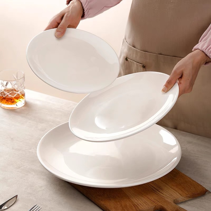 Hotel Western-Style Flat Plate Shallow Plate Pure White Ceramic Dinner Plate Steak Plate Moonlight Round Plate Bone Dish Tableware Logo Customization