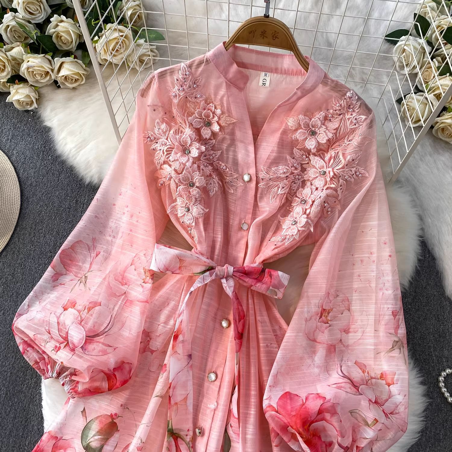Elegant Floral Embroidered Maxi Dress With Button Front And Tie_voghion.com