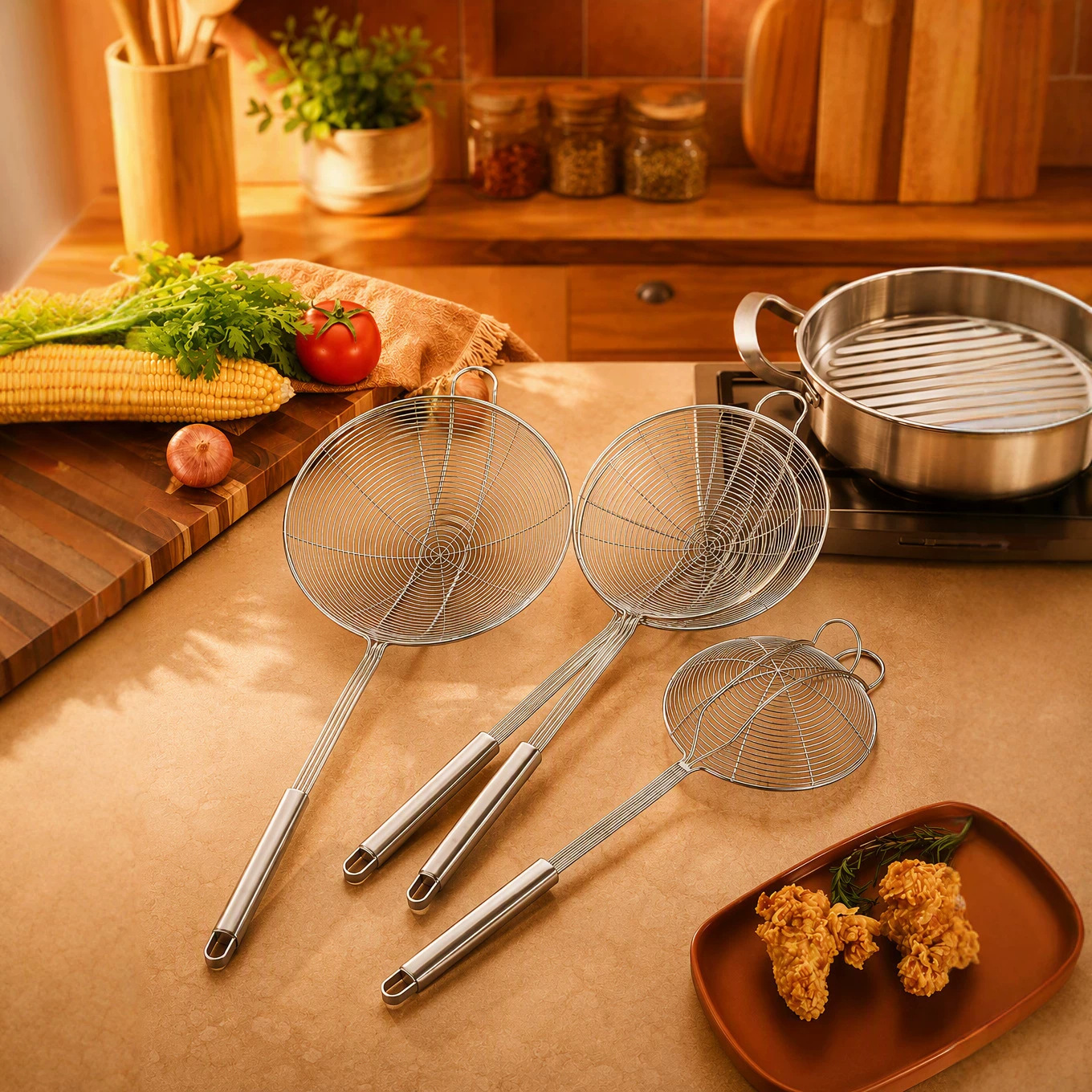 Thickened stainless steel mesh strainer with double handles and double hooks, suitable for kitchen and restaurant use, can be hung on the edge of a pot or used as a hot pot strainer