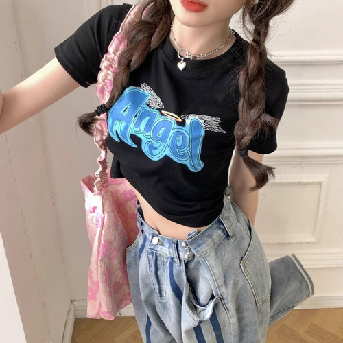 Korean-style spicy girl short white letter T-shirt for women, 2025 summer new design—Instagram-inspired, slim-fit, and figure-flattering short-sleeve top
