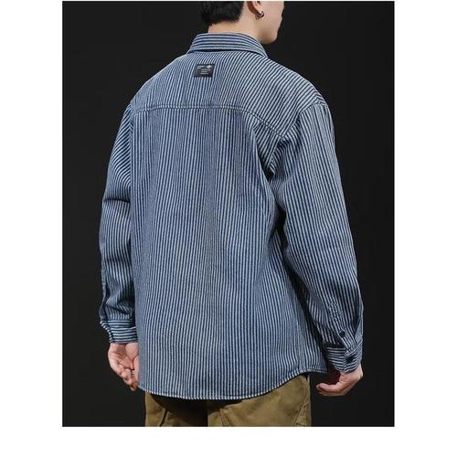 Champion brand water-washed striped denim long-sleeve shirt for men, autumn Japanese casual versatile blue shirt jacket