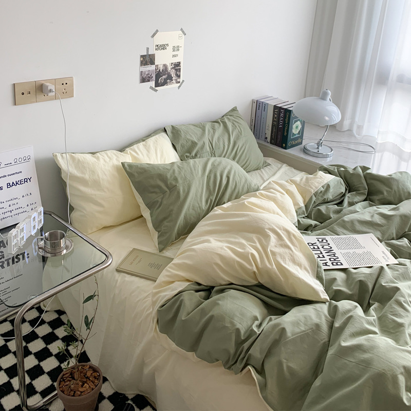 Youyixin ropa de cama de algodón lavado de cuatro piezas, funda de edredón, funda de cama, kit de sábana, dormitorio de estudiantes de tres piezas al por mayor