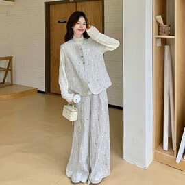 灰色秋季套装女2026新款休闲气质波点马甲蕾丝打底衫阔腿裤三件套