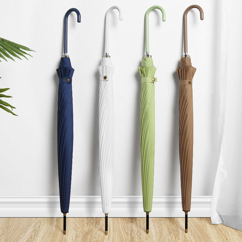 Creative Simple Straight Long Handle Umbrella Solid Color Japanese Style Fresh Leather Handle Umbrella Vintage Men's and Women's Straight Handle Sun Umbrella