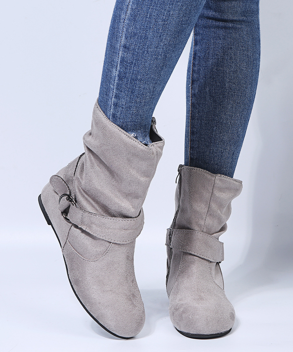 Bottines à boucle mi-tube pour femmes, bottes d'automne et d'hiver pour femmes de grande taille_voghion.com