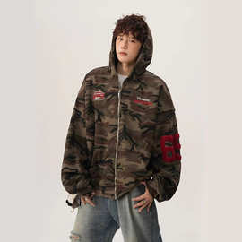 美式高街迷彩开衫卫衣女男2025春季复古潮牌宽松休闲连帽外套卫衣