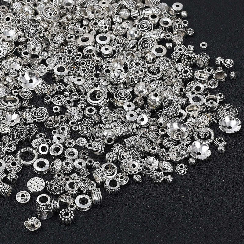 Mix Batch of 100 Ancient Silver Spacer Beads and Flower Tray Material Packs by the Gram for Handmade Bracelet Weaving Jewelry Accessories Wholesale