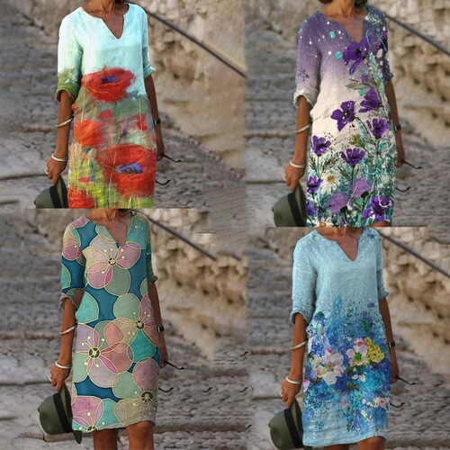  Summer New Floral Print Rendering Fashion V-Neck Short Sleeve Mid-Waist Tunic A-Line Dress for Women