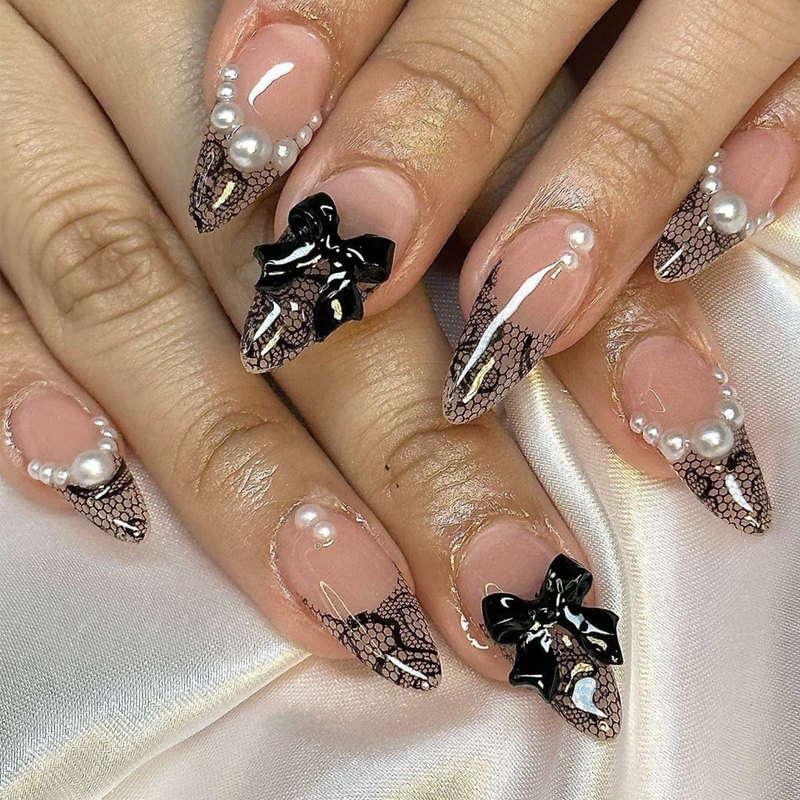 Wear Armor Almond Hot Girl Style Black Lace French Edge Pearl Bow Fake Nail Nail Patch nail Wear Armor Almond Hot Girl Style Black Lace French Edge Pearl Bow Fake Nail Nail Patch nail